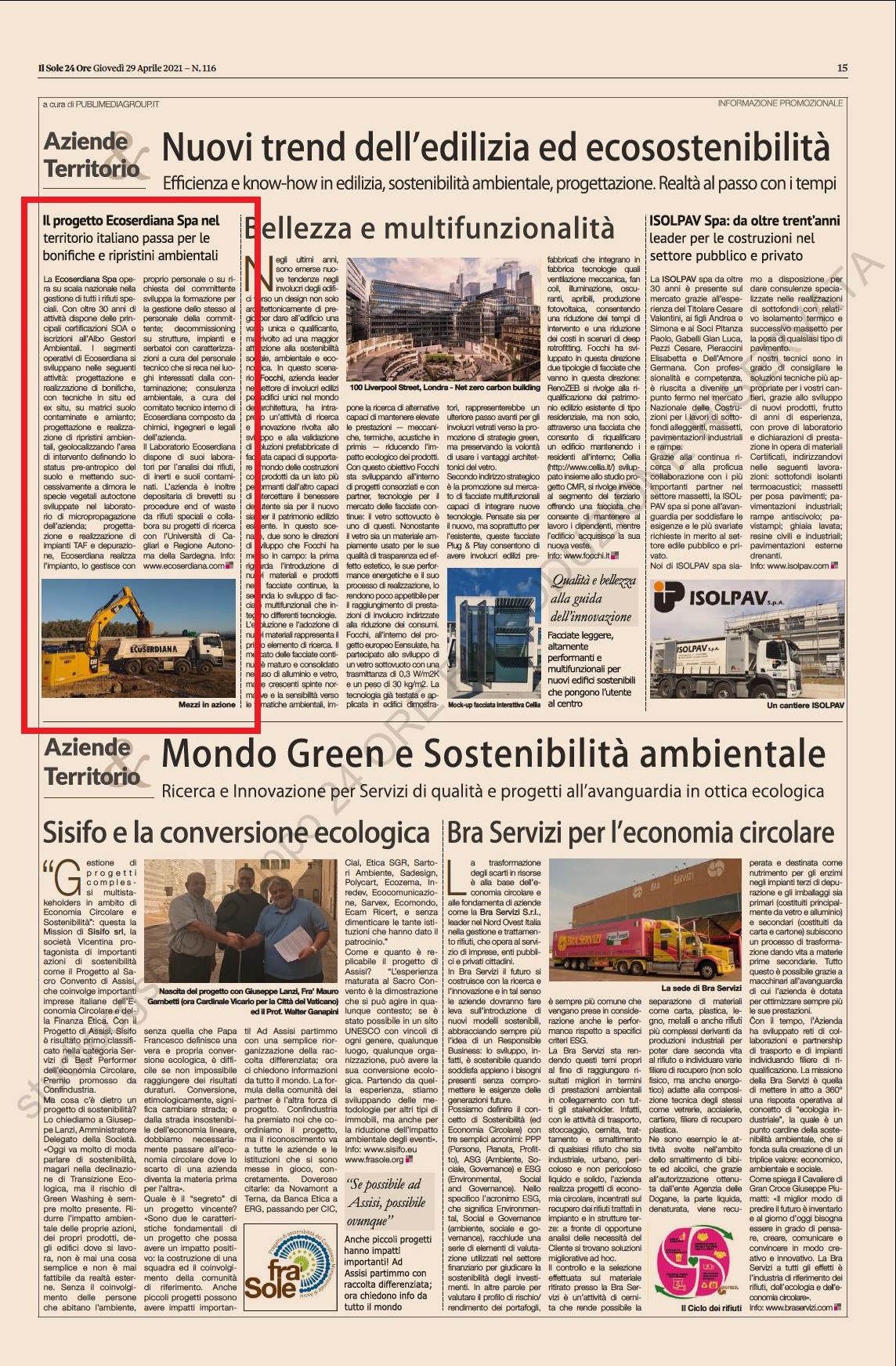 Ecoserdiana su Il Sole 24 Ore del 29/04/2021